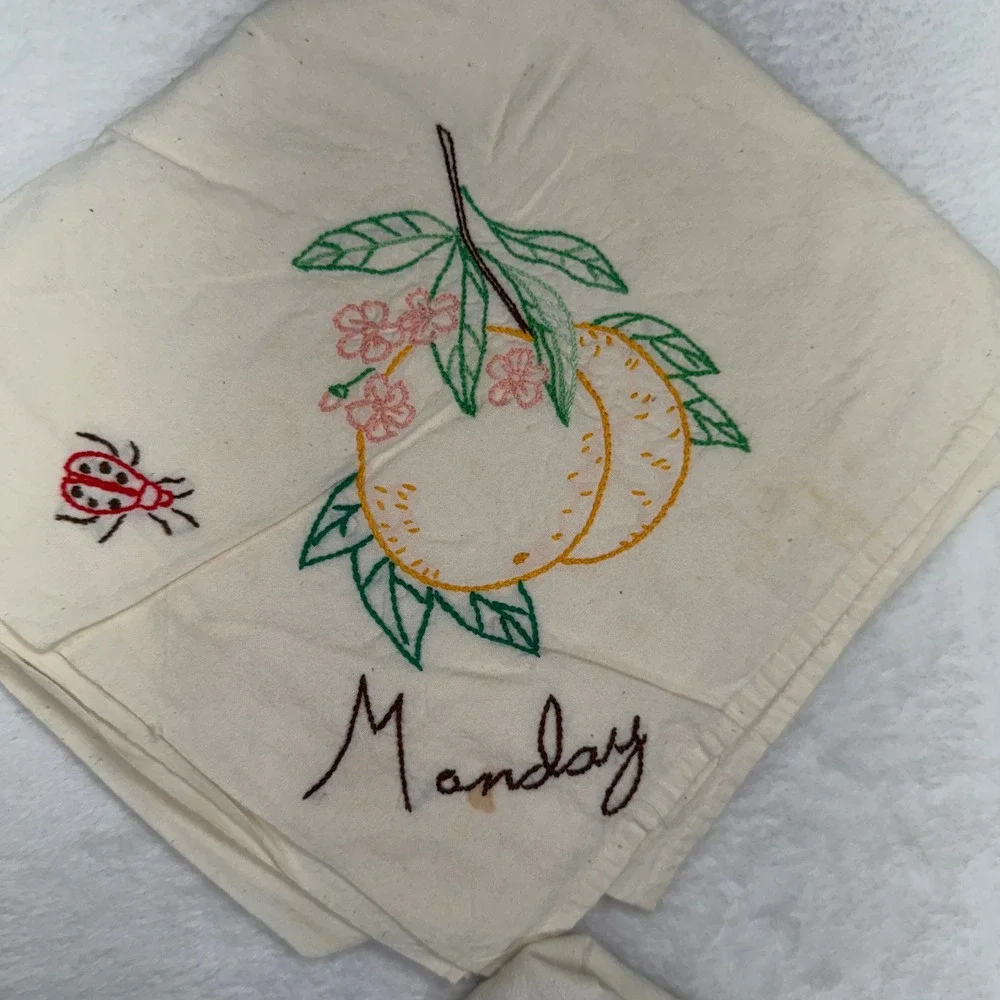 Vintage Tea Towels Days the Week Fruit Hand Embroidered Set of 5 Cream Kitschy